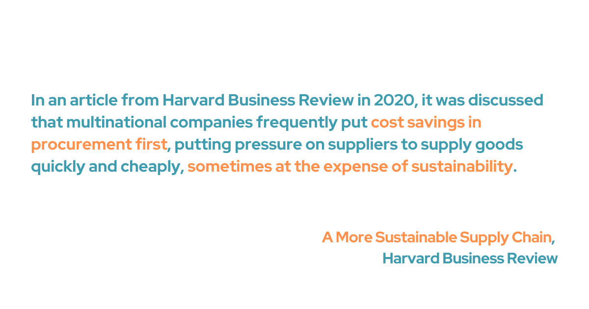 In an article from Harvard Business Review in 2020, it was discussed that multinational companies frequently put cost savings in procurement first, putting pressure on suppliers to supply goods quickly and cheaply, sometimes at the expense of sustainability.