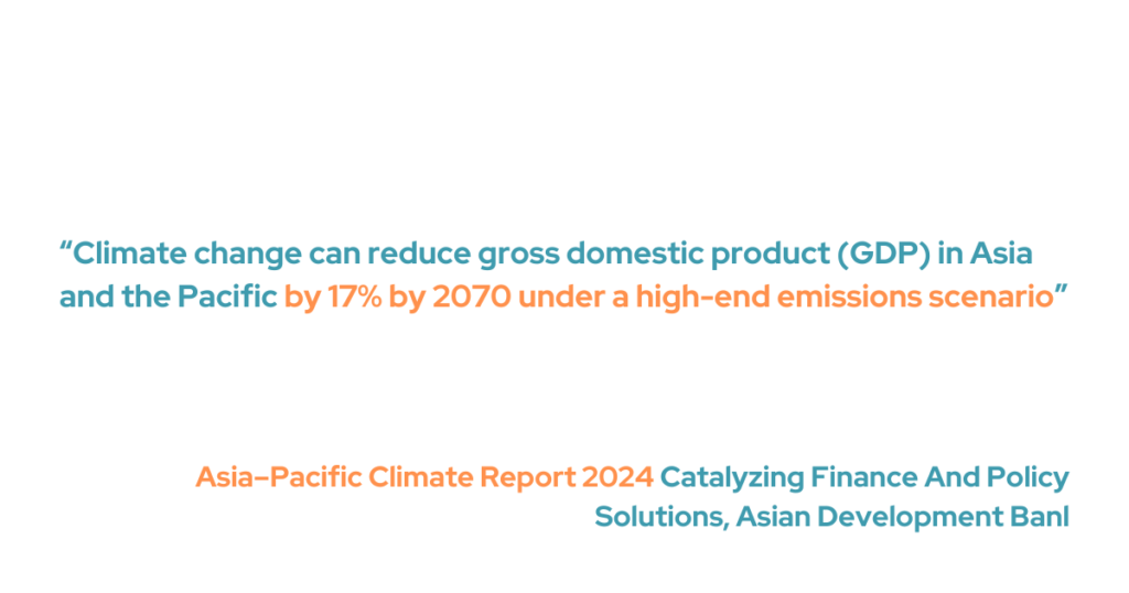 Climate change can reduce gross domestic product (GDP) in Asia and the Pacific by 17% by 2070 under a high-end emissions scenario.

Asia–Pacific Climate Report 2024 Catalyzing Finance And Policy Solutions, Asian Development Banl