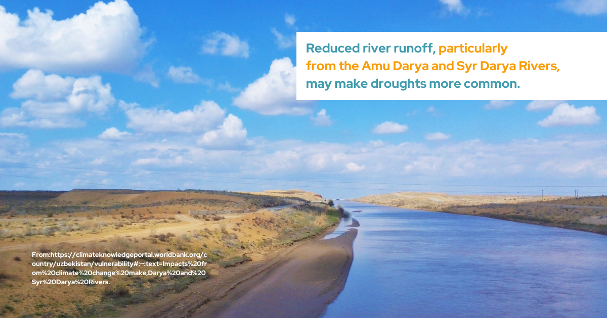 Reduced river runoff, particularly from the Amu Darya and Syr Darya Rivers, may make droughts more common. 